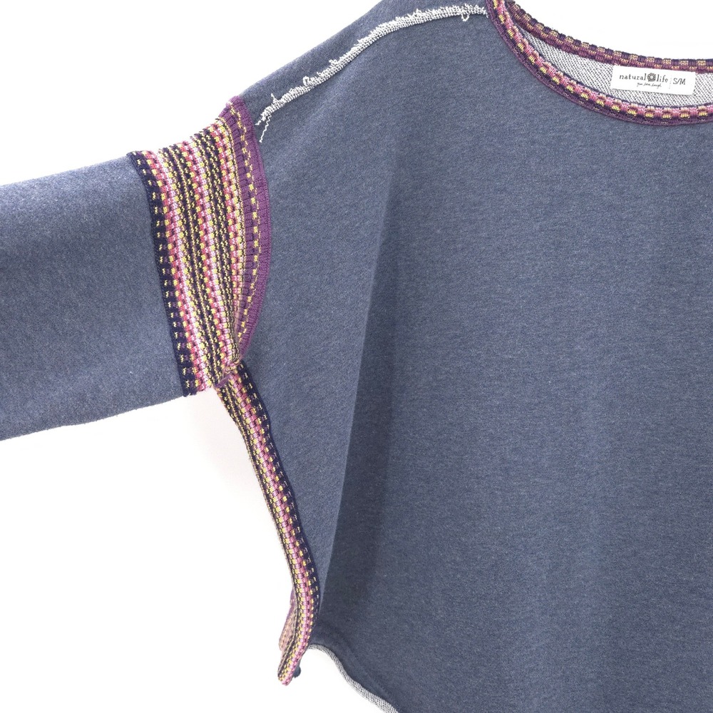 Natural Life Knit Trim Sweatshirt Women S/M Blue Boho Raw Edge Top Cozy - Picture 2 of 8
